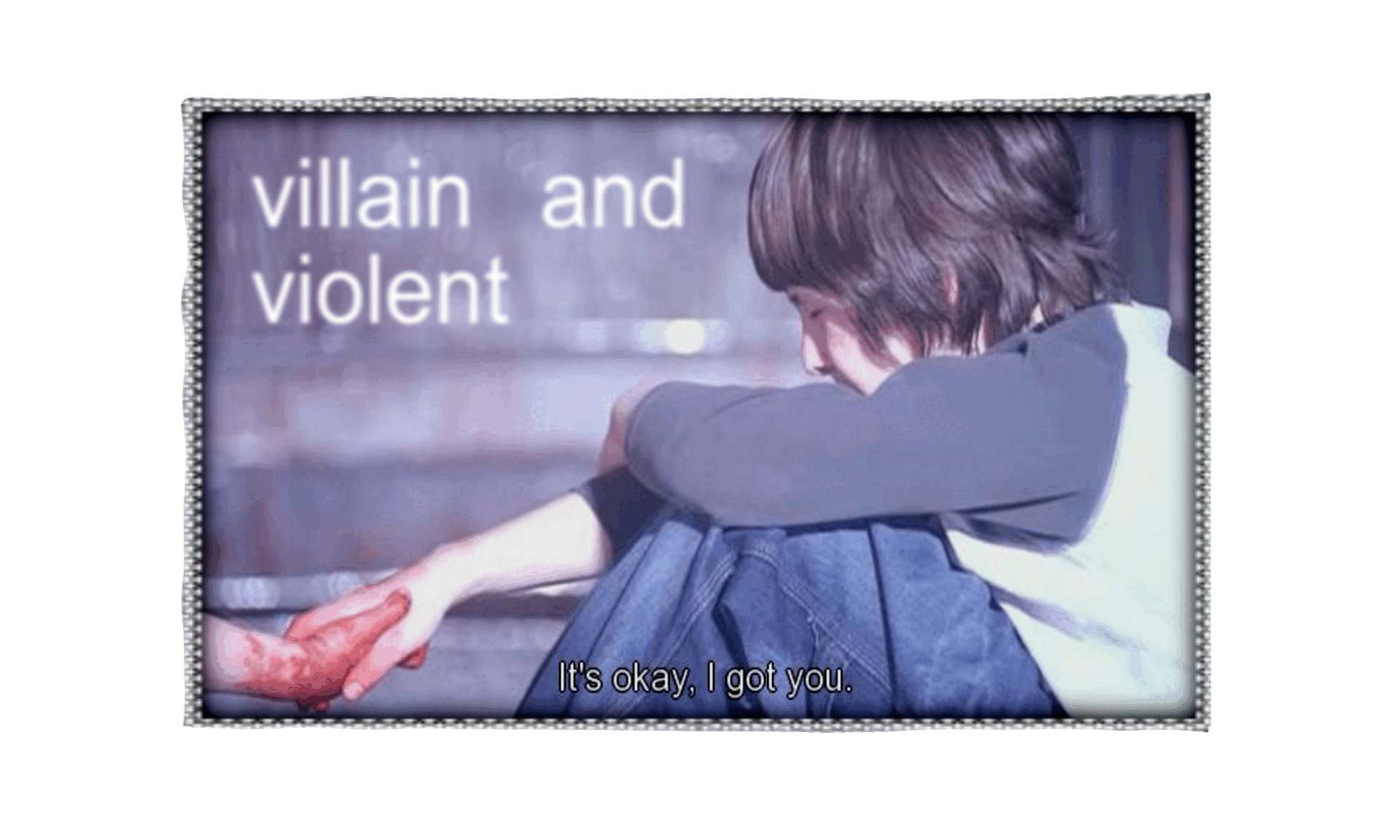 A young Brian Moser and his brother Dexter Morgan. They hold hands in a bloody shipping container. Text reads, "Villain and violent, infant and innocent," from the Adrianne Lenker song "Forwards Beckon Rebound."