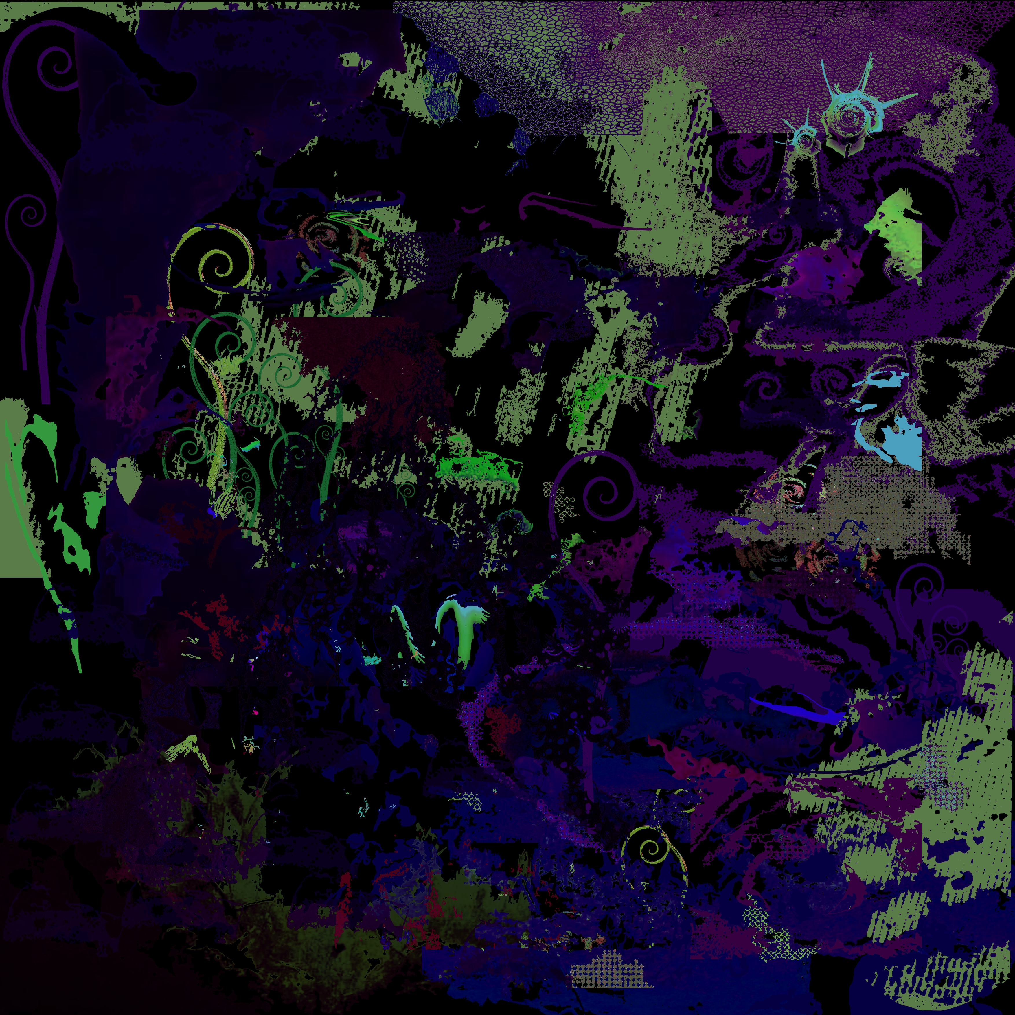 a dark purple and green abstract digital collage. some elements look vaguely like foliage