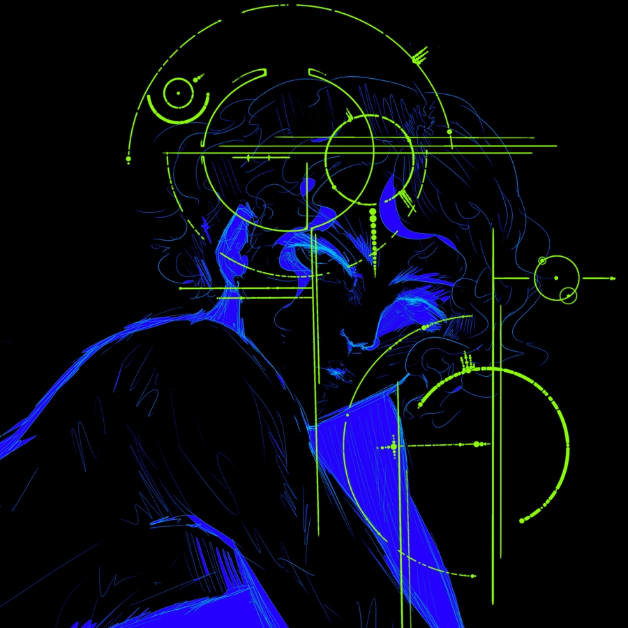a digital illustration of a man leaning forward, cast mostly in black and neon blue shadow. His face is partially obscured by neon green cybersigils