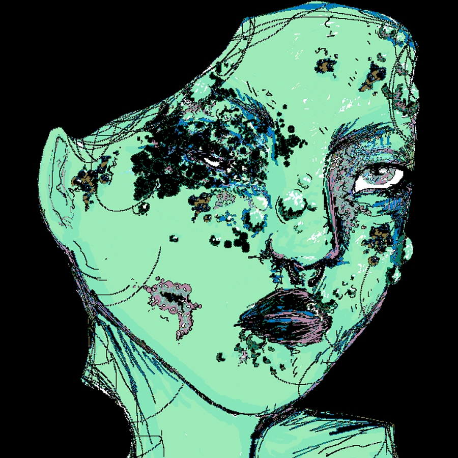 an MS Paint illustration of a green woman's portrait, covered in blue and black mold spores