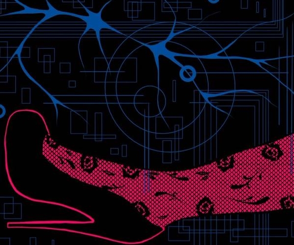 a digital illustration of a foot wearing a black heel and black lace tights. there are neon blue lines and shapes in the background