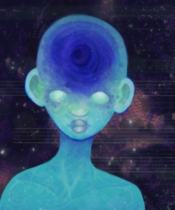 a digital illustration of a portrait of a blue humanoid alien with a spiral-shaped hole in its head, against a purple and pink abstract background