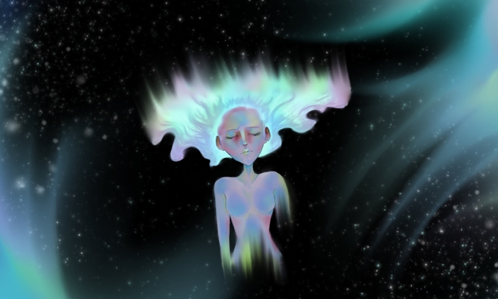a digital illustration of a nude woman's upper body floating through some very colorful nebulas. the expression on her face is neutral, and her hair flows behind her.