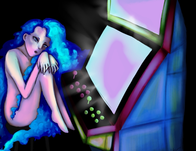 a digital illustration of a woman with blue hair curled up on an arcade stool next to an arcade cabinet glowing a very bright blue.
