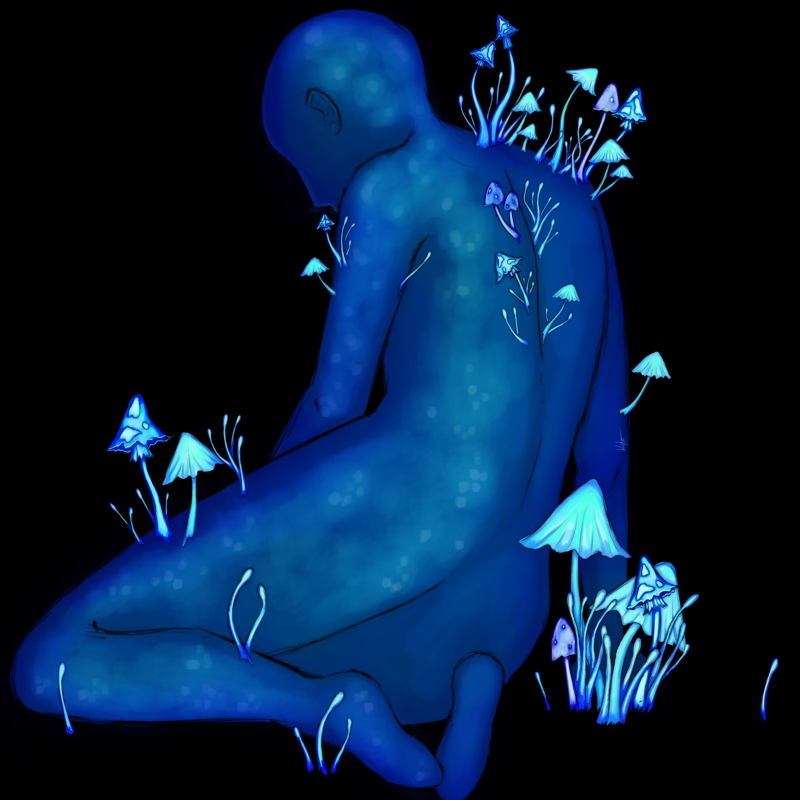 a digital illustration of a person with blue skin sitting in a fully black room, facing away from the camera, body covered in glowing blue mushrooms